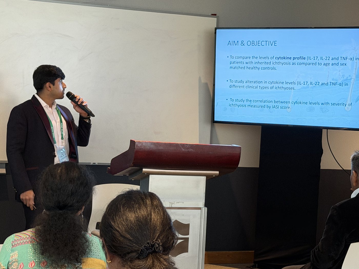 Dr. Ayushman Bindal presenting research on cytokine profiles in inherited ichthyosis at the International Conference on Tropical Diseases, Colombo, 2026